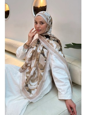 Lamelif Çiçek Desen Pamuk Şal Koyu Bej