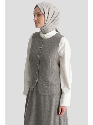 Armine Pullu Ekose Desen Fitted Yelek Gri