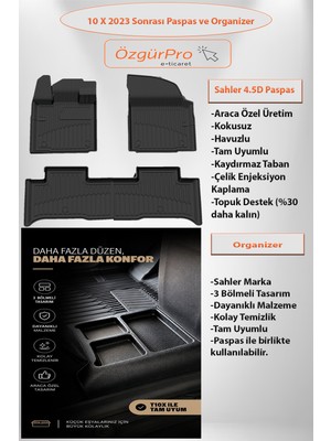Sahler Tog T10X 2023+ Uyumlu 4.5d Pro Premium Havuzlu Oto Paspas ve Organizer