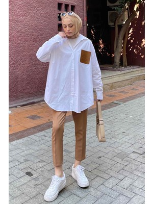 Lamelif Deri Cep Detaylı Gömlek Beyaz