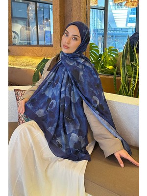 Lamelif Batik Çiçek Desen Bambu Şal Gece Mavisi