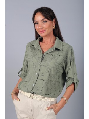 By Saygı Kadın Italyan Cotton Mini Çiçek Nakış Işlemeli Gömlek