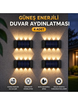 Empressco 4 Adet Gunes Enerjili 10 LED Duvar Aplik Bahce Balkon Dis Mekan Solar Aydinlatma Seti