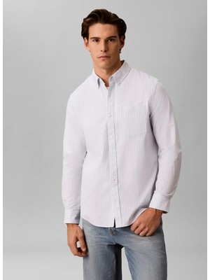 Calvin Klein Jeans Beyaz Erkek Classic Fit Çizgili Gömlek LV04RG104GBAB Ls Yd Strıpe Oxford