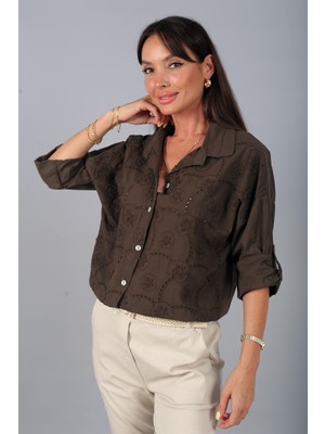 By Saygı Kadın Italyan Cotton Mini Çiçek Nakış Işlemeli Gömlek