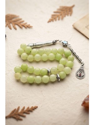Prestige Gümüş Doğal Jade Yeşim Taşlı 33'lük Tesbih Metal Püsküllü 8mm Küre Kesim 902849