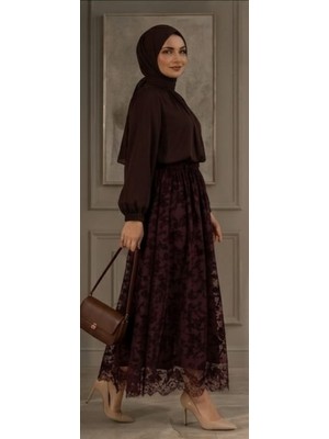 Luniva Butik Kadın Çiçek Desenli Piliseli Tül Etek – Lastikli Uzun Etek
