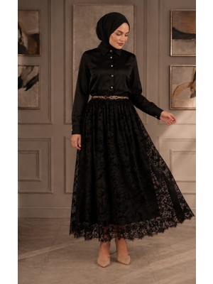 Luniva Butik Kadın Çiçek Desenli Piliseli Tül Etek – Lastikli Uzun Etek