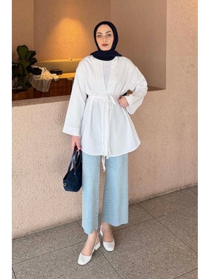 Lamelif Örgü Bağlamalı Kimono Ceket Beyaz