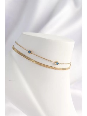Renas Store 316L Çelik Gold Renk Nazar Boncuk Tasarımlı 2li Halhal TJ-HH1607