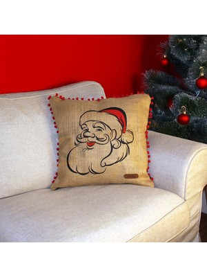 Renas Store Püsküllü Jüt Kırlent Kılıfı 50 * 50 Noel Baba Desen