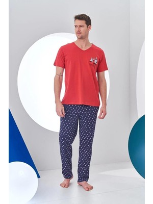 Pjs 24307 Erkek Bordo V Yaka Yelken Baskılı Kısa Kol Pijama Takımı