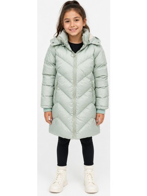 İrem Çocuk Giyim Kız Çocuk Mint Yeşili Kapüşonlu V Desenli Peluş Astarlı Fermuar Cepli Kapitone Midi Boy Şişme Mont