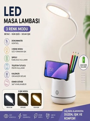 FEDDY 3 Renk Şarjlı 24 LED Çalışma Okuma Işığı Kademeli Masa Lambası Ayarlanabilir Renk Tonu ve Parlaklık