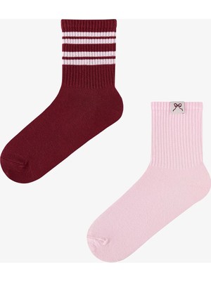 Penti Pembe Bordo Back Collage Çizgili Pamuklu 2 Çift Soket Çorap