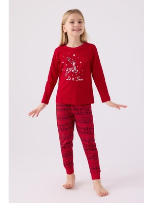 Arnetta 3106 Garson Aile Let It Snow Kız Çocuk Kırmızı Uzun Kol Pijama Takım
