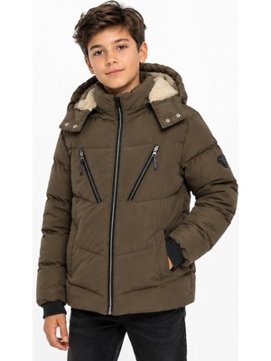 Erkek Çocuk / Kız Çocuk Çapraz Fermuar Model Kapüşonu Çıkabilen Içi Peluş Astarlı Kahverengi Mont