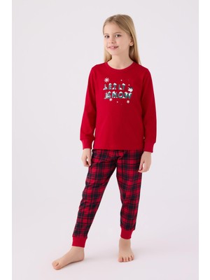 Arnetta 3105 Noel Let It Snow Kız Çocuk Kırmızı Uzun Kol Pijama Takım