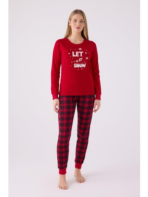 Arnetta 3105 Noel Kadın Let It Snow Ekose Kırmızı Uzun Kol Pijama Takım
