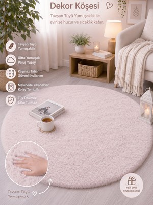 My Evilla Dekoratif Tavşan Tüyü Ultra Yumuşak Peluş Yuvarlak Halı