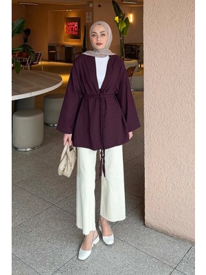 Lamelif Örgü Bağlamalı Kimono Ceket Mürdüm