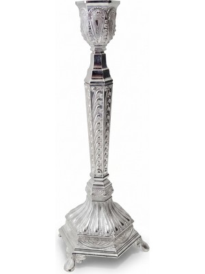 Rasha Collection Gümüş Renk Işlemeli Ayaklı Şamdan 25 cm