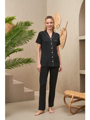 Pjs 25186 Kadın Yakalı Düğmeli Puantiyeli Kısa Kollu Pijama Takım