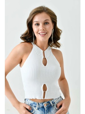 Woman Vision Kadın Beyaz Esnek Triko Kumaş Yuvarlak Yaka Kolsuz Aksesuar Tasarım Crop Bluz 9901