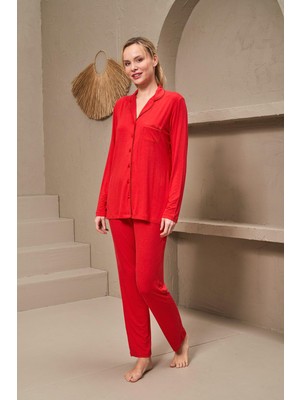 Pjs 25167 Kadın Yakalı Düğmeli Uzun Kollu Kırmızı Pijama Takım