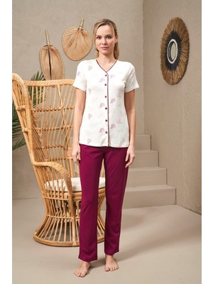 Pjs 25144 Premium Kadın V Yaka Boydan Düğmeli Rahat Kısa Kollu Pijama Takım