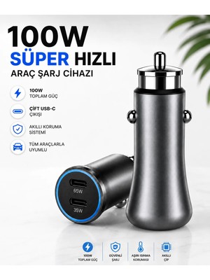 teknokutum TEKNO KUTUM 100W Araç İçi Hızlı Şarj Cihazı – 2 Adet Type-C (USB-C) Çıkış – 65W + 35W Çakmaklık Adaptörü