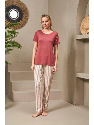 Pjs 25135 Kadın Yuvarlak Yaka Inci Taş Baskılı Çizgili Pijama Takım