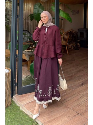 Lamelif V Yaka Kolları Lastikli Müslim Tesettür Gömlek Mürdüm