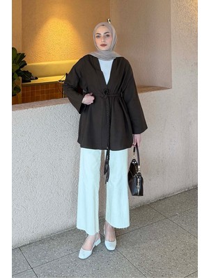 Lamelif Örgü Bağlamalı Kimono Ceket Kahverengi