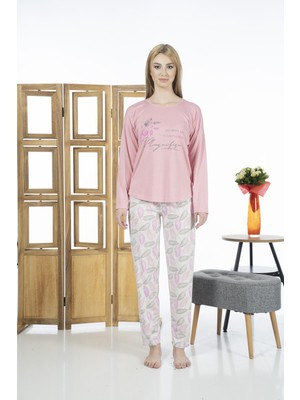 Estiva 24119 Kadın Yaprak Desenli Uzun Kollu Yazlık Viskon Pijama Takımı