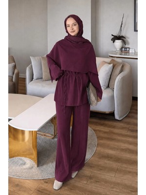 Lamelif Şallı Pantolon Takım Bordo
