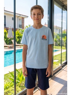 Remsa Genç Erkek Çocuk Kısa Kol Şortlu Pijama Takımı 4357 Açık Mavi