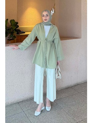 Lamelif Örgü Bağlamalı Kimono Ceket Çağla Yeşili