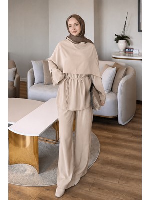 Lamelif Şallı Pantolon Takım Bej