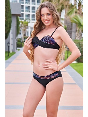 Ruko Maio 24128-2 Siyah Desenli Dönmeli Straplez Ince Askılı Bikini