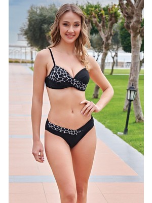 Ruko Maio 24140-1 Siyah Beyaz Desenli Boş Kaplı Omuzdan Ayarlanabilir Askılı Bikini