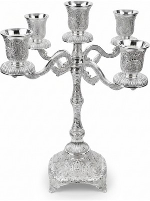 Rasha Collection 5 Kollu Işlemeli Gümüş Renkli Şamdan