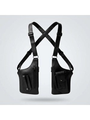 Newish Polo Erkek Siyah Vegan Deri Çapraz Askılı Çok Cepli Harness Göğüs Çantası - NEWPOLO424