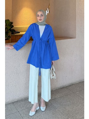 Lamelif Örgü Bağlamalı Kimono Ceket Saks Mavisi