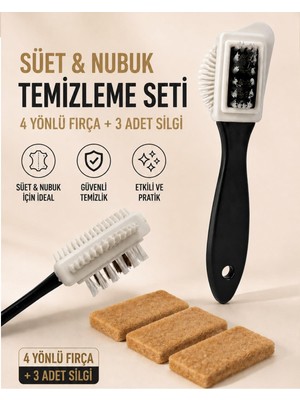 SRTfootcare 1 Adet 4 Yönlü Süet Nubuk Temizleme Fırçası + 3 Adet Nubuk Silgisi