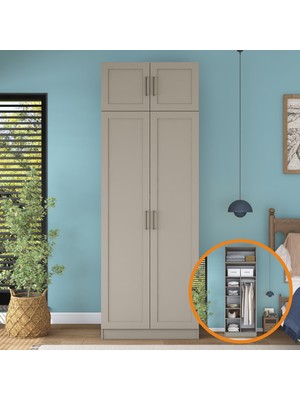 Rani Mobilya Rani BA338 Membran Kapaklı Gardırop 2 Kapaklı 6 Raflı Askılı Elbise Dolabı Kumtaşı