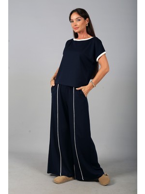 By Saygı Kadın Geniş Yaka Bluz Beli Lastikli Cepli Bol Paça Pantolon Biyeli Modal 2\'li Takım