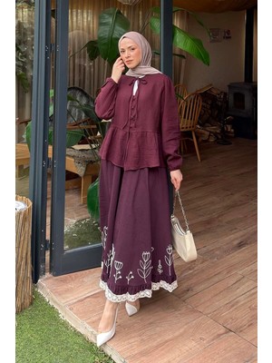 Lamelif V Yaka Kolları Lastikli Müslim Tesettür Gömlek Mürdüm