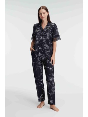 Anıl 9895 Yarım Kollu V Yaka Kadın Viskon Çiçek Desenli Yazlık Dokuma Dantel Detaylı Pijama Takımı