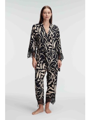 Anıl 5823 Ip Askılı V Yaka Kadın Viskon Tropikal Yazlık Örme Dantel Detaylı Pijama Takımı Sabahlık